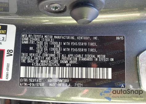 2015 Toyota Venza Le из США, поврежденный, VIN 4T3BA3BB4FU075424